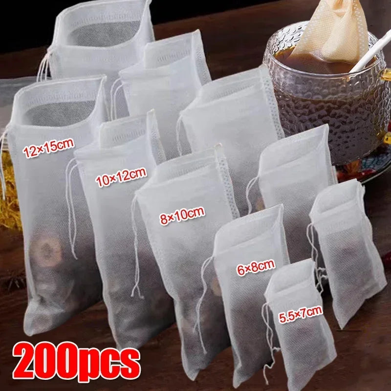 200/50PCS Disposable Tea Filter Bags – Non-Woven Fabric with Drawstring