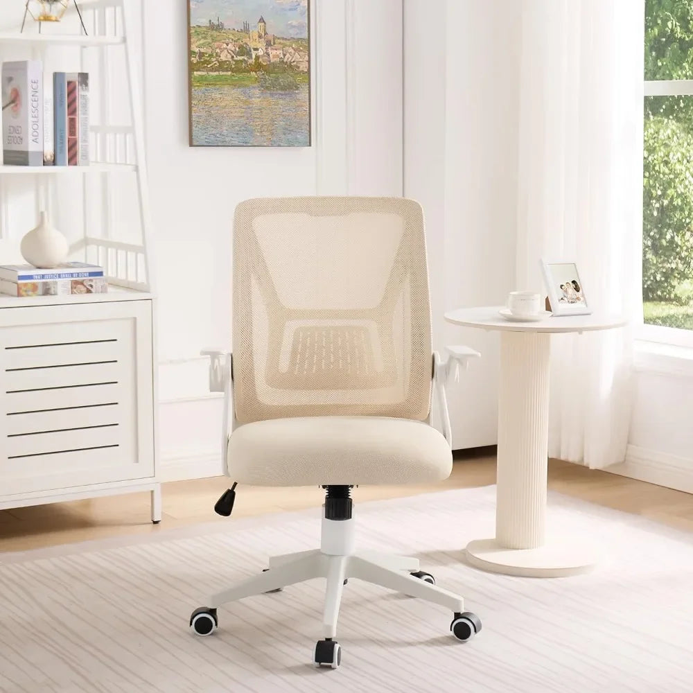 Beige Mid-Back Ergonomic Desk Chair – Swivel Office Chair with Adjustable Arms & Mesh Lumbar Support
