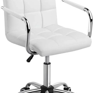 White PU Leather Office Chair – Modern Mid-Back Desk Chair with Wheels & Armrests